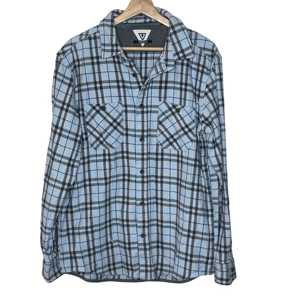 VISSLA Mens Flannel Shirt Blue Plaid Long Sleeve Button Down Casual‎